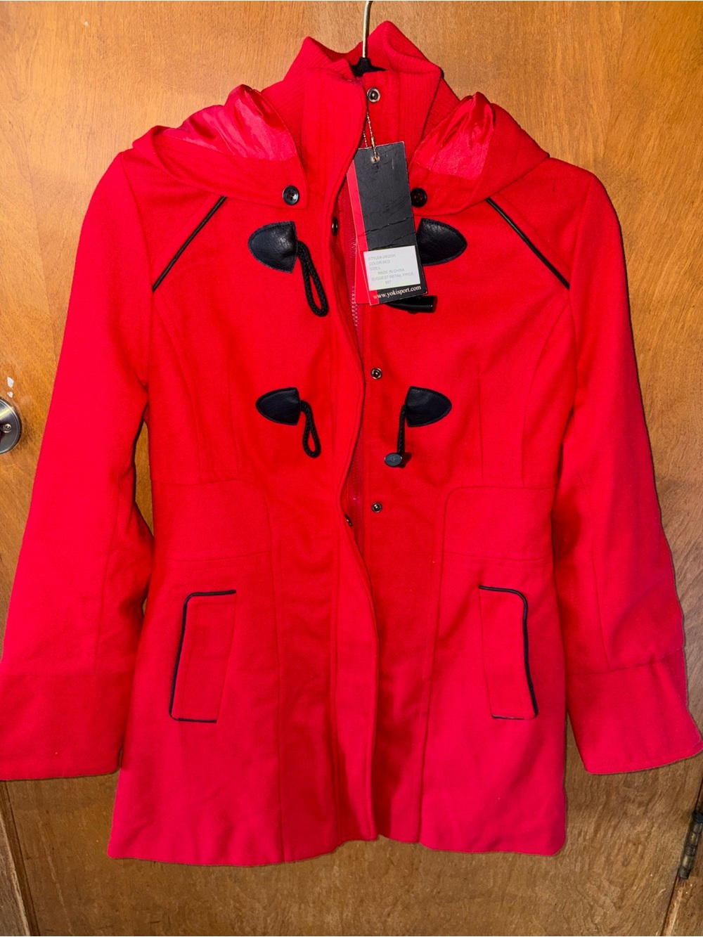 Yoki Red Hooded Toggle Pea Coat with Black Trim